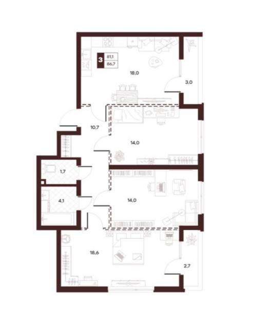 Планировка Луиджи 86,68 м²