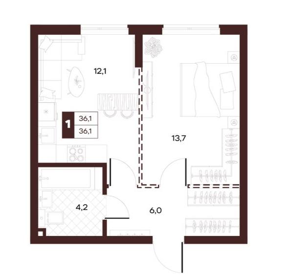 Планировка Луиджи 36,05 м²