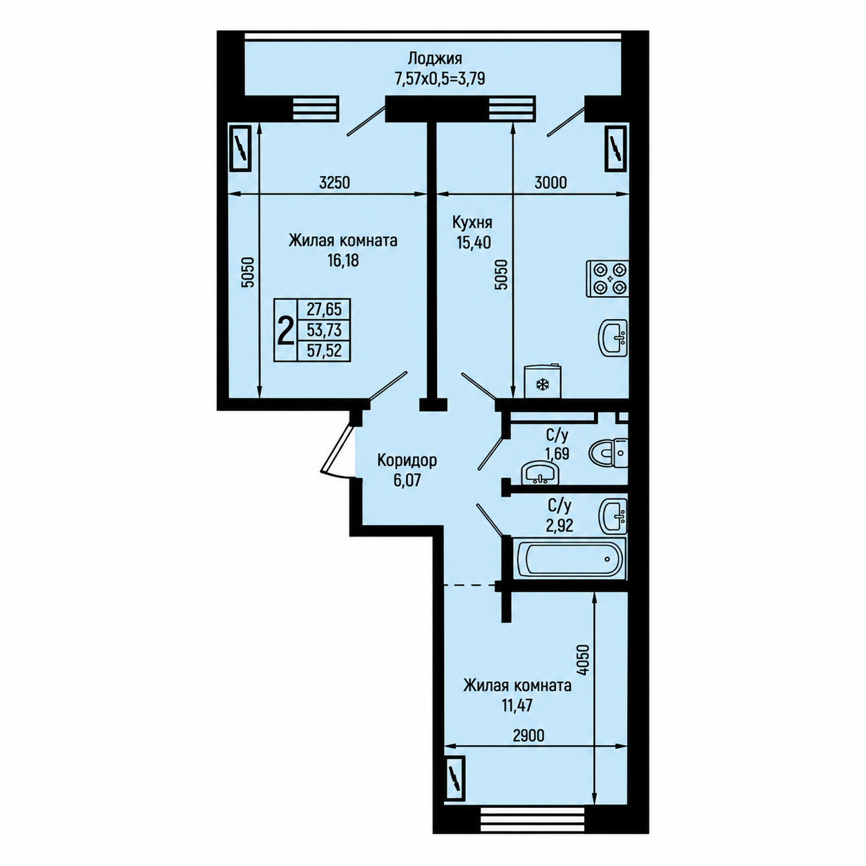 Планировка Ботаника Хиллс 57,52 м²
