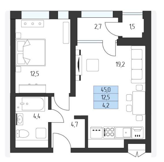 Планировка Горы Здесь 42,6 м²