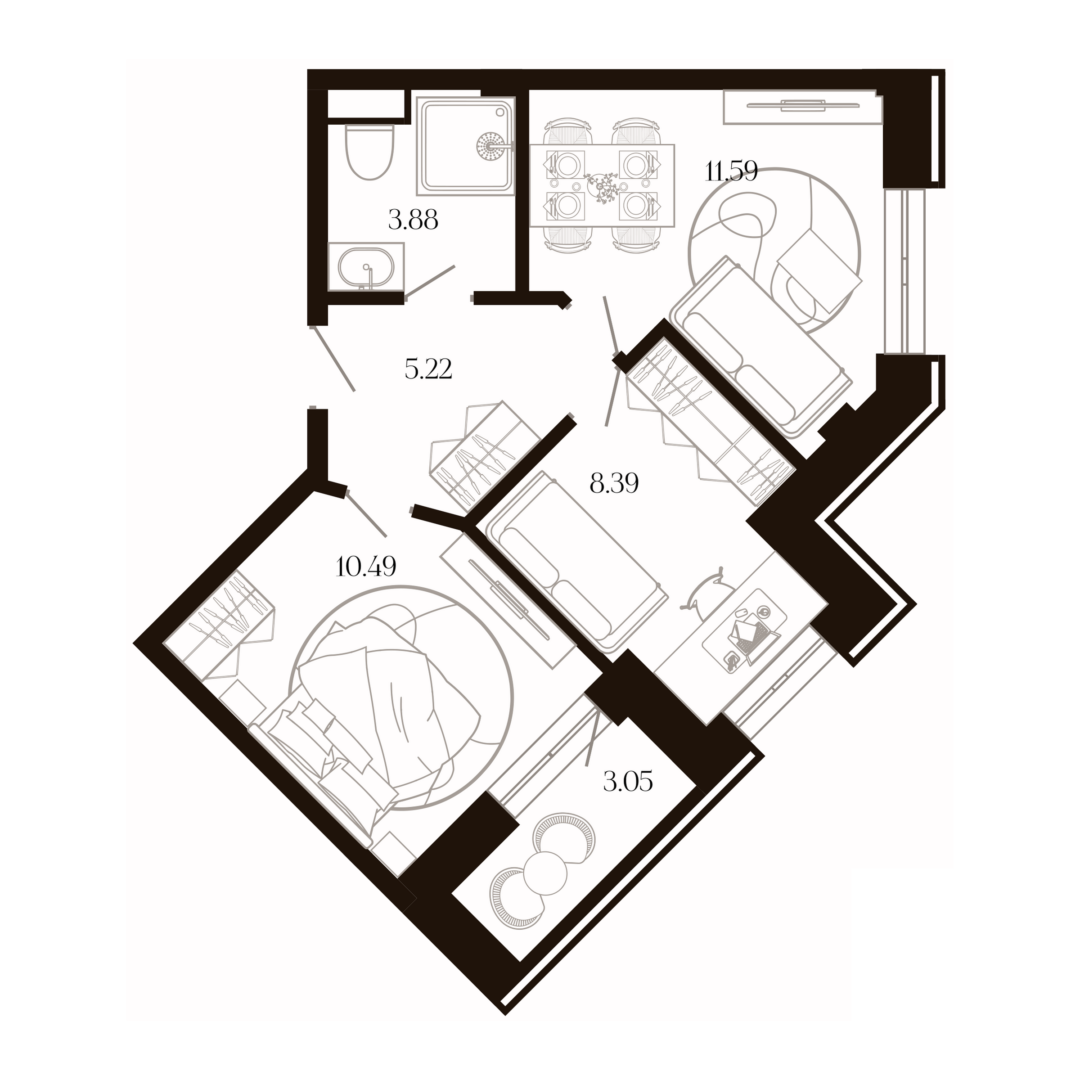 Планировка Бенуар 42,62 м²